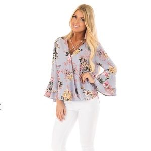 Misty blue floral print surplice w/ bell sleeves